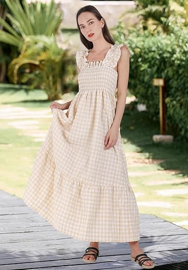 Women's Retro Plaid Smocked Dress Spaghetti Strap Flounce Long Dress